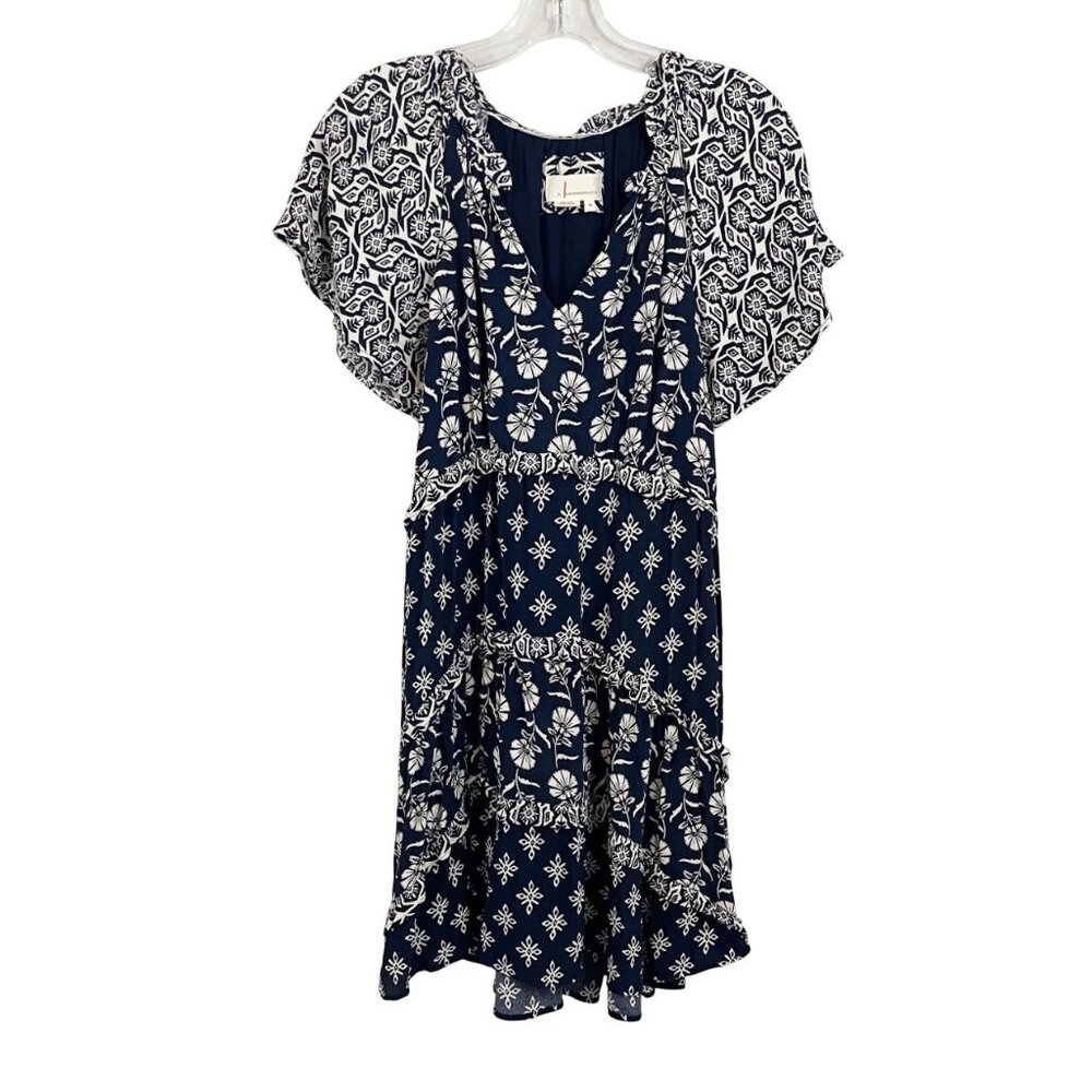 Anthropologie Robin Tiered Mini Dress Navy Blue & White Floral Boho - Size XS